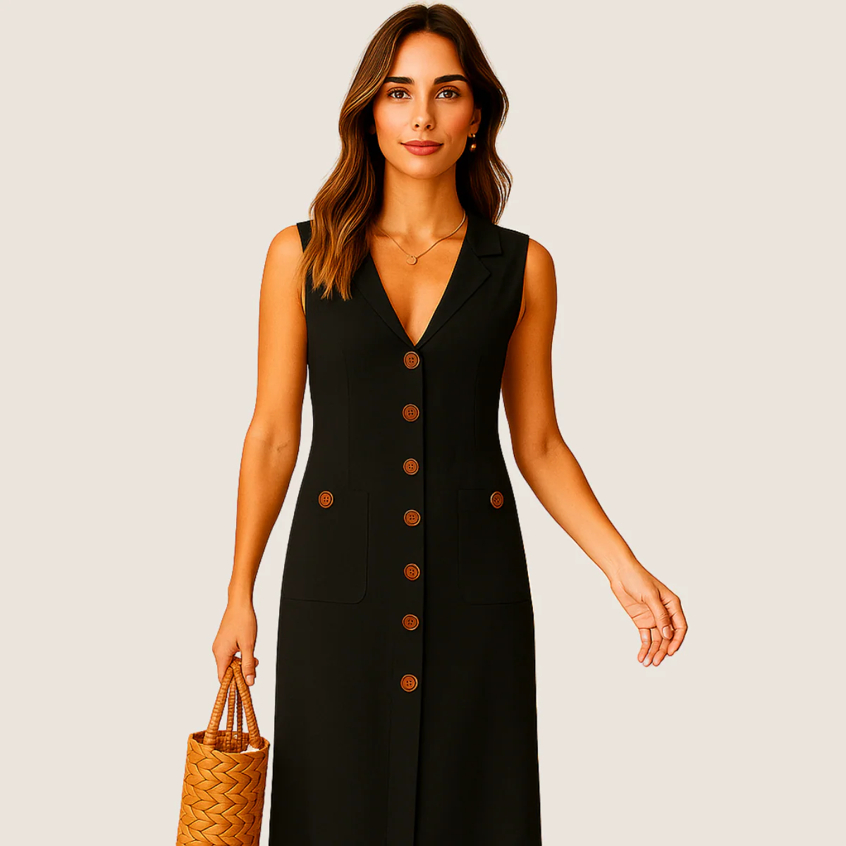 Jetta Robe Midi en Lin – Col V Élégant avec Boutons et Poches - Image 3